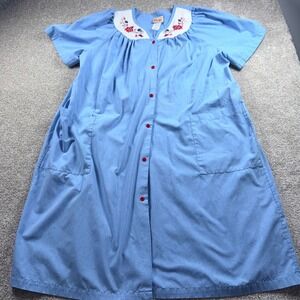 Vintage Inspired Vermont Country Store Blue Embroidered Duster House Dress L USA